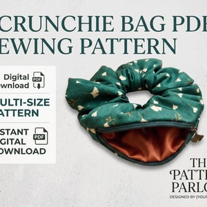 May include: A scrunchie bag PDF sewing pattern featuring text that reads SCRUNCHIE BAG PDF SEWING PATTERN, DIGITAL DOWNLOAD, MULTI-SIZE PATTERN, INSTANT DIGITAL DOWNLOAD, and THE PATTERN PARLOUR. The bag is dark green with a ginkgo leaf print.