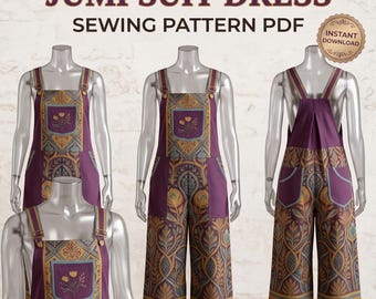 May include: A digital sewing pattern PDF for a jumpsuit dress featuring a purple and gold botanical print. The garment has wide straps, a square neckline, a front chest pocket with a floral motif, and wide-leg trousers with side pockets.