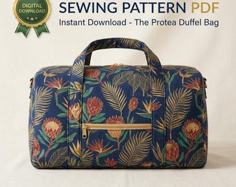 May include: A duffel bag featuring a dark blue fabric with a repeating pattern of orange and red protea flowers and gold palm leaves. The bag includes a horizontal front zip pocket with gold hardware and two top handles.