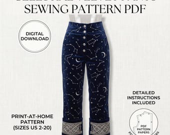 May include: Dark blue velvet pants featuring a white celestial constellation and moon print, a high-waisted button-front closure, and wide cuffs with intricate silver embroidery. Text includes CELESTIAL VELVET PANTS SEWING PATTERN PDF, DIGITAL DOWNLOAD, PRINT-AT-HOME PATTERN (SIZES US 2-20), DETAILED INSTRUCTIONS INCLUDED, PDF PATTERN PAPERS, and Professional Design. Intermediate Skill Level.