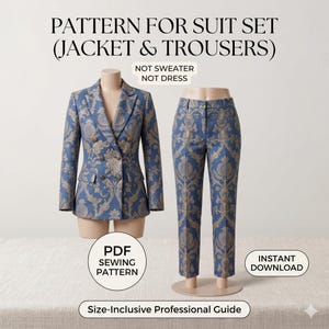 May include: A sewing pattern for a suit set including a double-breasted jacket and trousers, featuring a blue and gold damask-style floral print. Text includes: PATTERN FOR SUIT SET (JACKET & TROUSERS), NOT SWEATER, NOT DRESS, PDF SEWING PATTERN, INSTANT DOWNLOAD, Size-Inclusive Professional Guide.