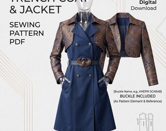 May include: A digital sewing pattern for a trench coat and jacket featuring text: TRENCH COAT & JACKET SEWING PATTERN PDF. The coat is navy blue with a brown paisley print on the sleeves and collar, featuring a scarab beetle buckle belt.