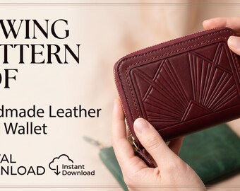 May include: A deep burgundy leather card wallet with a geometric sunburst embossed pattern and a zipper closure. The text reads SEWING PATTERN PDF, Handmade Leather Card Wallet, DIGITAL DOWNLOAD, and Instant Download with a PDF icon.