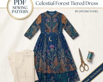 May include: A PDF sewing pattern for a Celestial Forest Tiered Dress by [STUDIO NAME]. The dress is dark blue with a print of gold crescent moons, stars, ferns, and purple thistles. It features three-quarter sleeves and a button-front bodice.