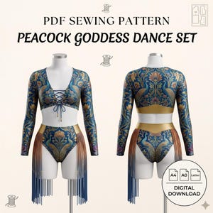 May include: A PDF sewing pattern for a Peacock Goddess dance set, featuring a long-sleeve crop top with a lace-up front and high-waisted bottoms with long fringe. The fabric has a blue and gold peacock floral print. Includes A4, A0, and Letter sizes.