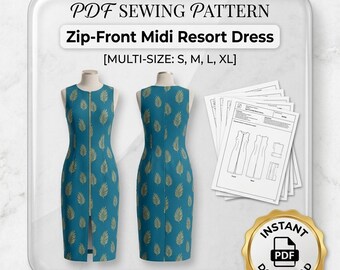 Zip-Front Midi Resort Dress Sewing Pattern PDF - Sleeveless Sheath Dress with Gold Leaf Print - Modern Women's Digital PDF Pattern for Sewin