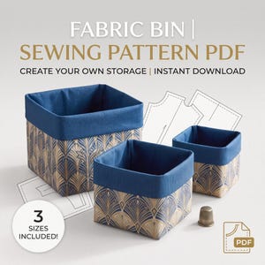 May include: Three fabric bins in different sizes featuring a blue and gold fan pattern with solid blue interiors. The image includes text reading FABRIC BIN SEWING PATTERN PDF, CREATE YOUR OWN STORAGE, INSTANT DOWNLOAD, 3 SIZES INCLUDED, and PDF.
