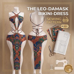 Peut inclure: Un patron de couture numérique pour The Leo-Damask Bikini-Dress, montrant une vue avant et arrière d'un vêtement à motif léopard marron et damassé floral bleu et vert, avec des échantillons de tissu, un patron papier et des ciseaux.