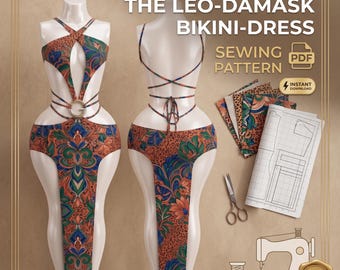 May include: A digital sewing pattern for The Leo-Damask Bikini-Dress, featuring a front and back view of a garment with a brown leopard print and blue and green damask floral pattern, including fabric swatches, a paper pattern, and scissors.