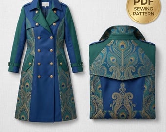 May include: A double-breasted trench coat featuring a blue and green peacock feather motif with gold-toned buttons, shown from the front and back. The image includes a gold circular badge with the text PDF SEWING PATTERN and text below reading INSTANT DOWNLOAD Peacock Motif Trench Coat Pattern.
