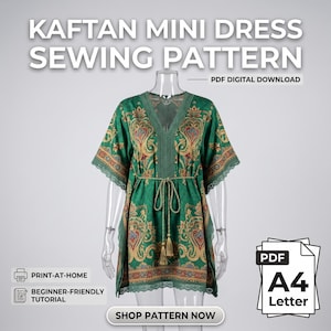 Kaftan Mini Dress Sewing Pattern PDF, Bohemian V Neck Kimono Dress Pattern, Beach Coverup Tunic, Digital Sewing Pattern for Women Easy DIY