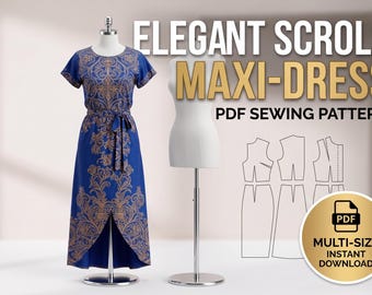 Elegant Scroll Print Maxi-Dress Sewing Pattern PDF - Professional DIY Dressmaking Template for Women, Instant Downloadable Sizes XS to 3XL P