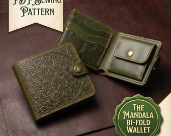 May include: An olive green bi-fold wallet featuring an intricate embossed mandala pattern on the exterior, a snap button closure, and an interior coin pocket with a snap button. Text reads: PDF Sewing Pattern and The Mandala Bi-fold Wallet.