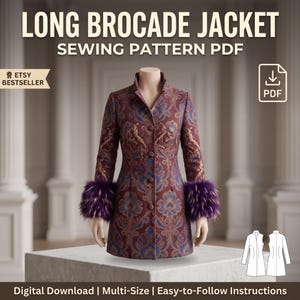 May include: A long brocade jacket sewing pattern PDF featuring a maroon and blue damask pattern, a high collar, front buttons, and purple faux fur cuffs. The image includes text reading LONG BROCADE JACKET SEWING PATTERN PDF, ETSY BESTSELLER, and PDF.