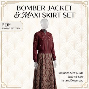 Bomber Jacket and Maxi Skirt Sewing Pattern PDF, Two Piece Leather Jacket and Brocade Long Skirt Digital Sewing Pattern, Sizes 2-24 Tutorial