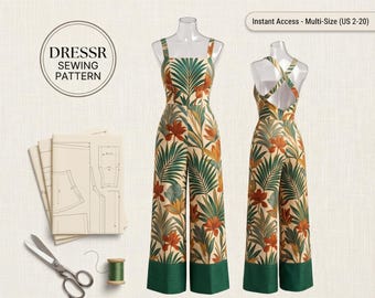 May include: A digital PDF sewing pattern for a tropical wide-leg jumpsuit. The image displays the front and back views of a jumpsuit with a palm leaf and floral print, a stack of paper pattern pieces, a pair of scissors, and a spool of thread.