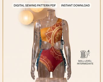 May include: Orisha one-shoulder bodysuit digital sewing pattern PDF instant download. The garment features a mustard yellow and deep red mandala print, side cutouts, and teal lace-up details. Includes all sizes XS-XL, step-by-step photos, and printable pattern. Skill level: intermediate.