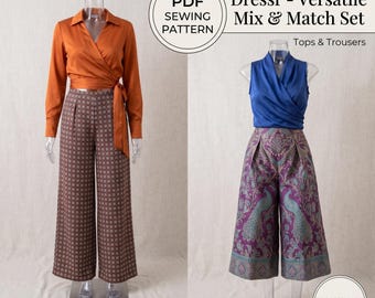May include: A PDF sewing pattern for a versatile mix and match set featuring two outfits. One includes a long-sleeve orange wrap top and patterned trousers. The other features a sleeveless blue wrap top and purple trousers with a peacock print.
