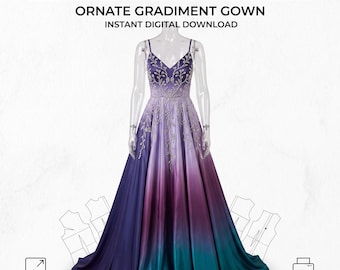 May include: A floor-length gown with a V-neckline and spaghetti straps, featuring a purple to teal gradient and silver vine embroidery. Text reads: DRESS SEWING PATTERN PDF, ORNATE GRADIMENT GOWN, INSTANT DIGITAL DOWNLOAD, MULTI-SIZE, PRINT-AT-HOME (A4/LETTER).