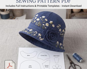 May include: A navy blue cloche hat featuring white and yellow floral embroidery and a fabric flower accent. The image includes a white paper sheet with printed sewing pattern templates labeled Brim, Crown Top, Side Panel, and Flower Petals.