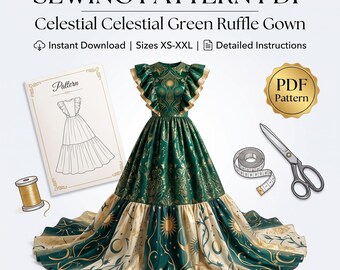 Celestial Green Rüschen-Kleid PDF Schnittmuster - Damen elegantes Maxi Kleid DIY Projekt - Digital herunterladbare Nähanleitung für Größen X