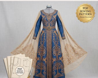 May include: A blue gown with gold embroidery featuring phoenix and tree motifs, long sheer beige sleeves, and a central waist belt. The image includes a stack of paper sewing patterns, a pair of gold scissors, and a gold spool of thread.