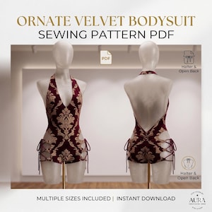 Op de afbeelding: Een digitaal naaipatroon voor een versierde fluwelen bodysuit met een diepe V-hals, halternek en open rug. De stof is donkerrood met een goudkleurig damastpatroon. De zijkanten hebben uitsparingen met vetersluiting. Tekst: ORNATE VELVET BODYSUIT SEWING PATTERN PDF.