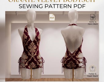 May include: A digital sewing pattern for an ornate velvet bodysuit featuring a deep V-neckline, halter neck, and open back. The fabric is dark red with a gold damask pattern. The sides have cutouts with lace-up ties. Text reads: ORNATE VELVET BODYSUIT SEWING PATTERN PDF.