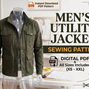 Men's Utility Jacket Sewing Pattern PDF | Men Field Jacket Pattern with Pockets | Digital Printable Sewing Pattern Men's Outerwear XS-XXL
