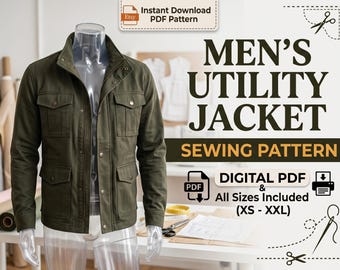 May include: An olive green utility jacket with a high collar, long sleeves, and four front pockets with button closures. The text reads: MEN'S UTILITY JACKET SEWING PATTERN, DIGITAL PDF & All Sizes Included (XS - XXL), Instant Download PDF Pattern.