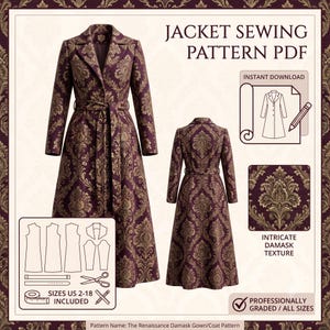 May include: A digital sewing pattern for a long jacket featuring a deep purple and gold damask print. The image displays the front and back views of the coat, pattern piece outlines, a pencil icon, and text reading JACKET SEWING PATTERN PDF.