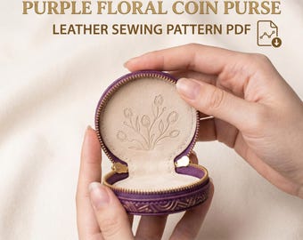 May include: A round purple coin purse with a gold zipper and a beige interior featuring an embossed floral design. The text reads: PURPLE FLORAL COIN PURSE LEATHER SEWING PATTERN PDF. A note below states: (This is a digital pattern, not a physical item).