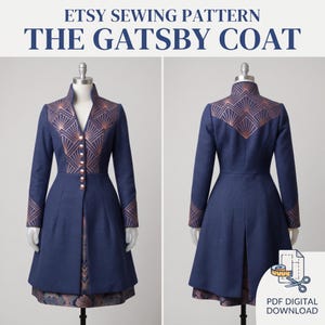 May include: A navy blue coat sewing pattern titled The Gatsby Coat, featuring a high collar, front buttons, and copper-colored geometric fan patterns on the chest, shoulders, and cuffs. The design includes a flared skirt and a patterned hem.
