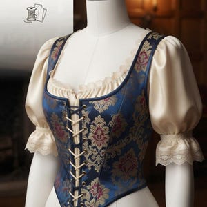 May include: The Elara Renaissance Bodice PDF sewing pattern features a blue bodice with a red and gold floral damask pattern, front lace-up closure with cream cord, and cream-colored puff sleeves with lace trim at the cuffs and neckline.