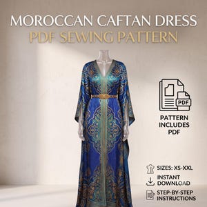 Patrón de costura de vestido caftán marroquí en PDF, elegante patrón de vestido largo caftán con mangas anchas, vestido bohemio tradicional, descarga digital para