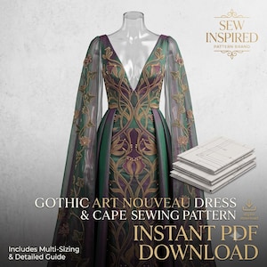 May include: A digital sewing pattern for a floor-length dress and cape featuring a deep V-neckline, long sheer sleeves, and intricate gold vine embroidery over a dark green and purple fabric. Includes a stack of printed pattern sheets.