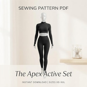 May include: A black long-sleeve crop top and high-waisted leggings set worn by a mannequin. The text SEWING PATTERN PDF, The Apex Active Set, and INSTANT DOWNLOAD | SIZES XS-XXL are visible. The top features a mock neck and thumb holes.