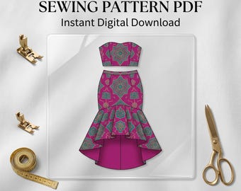 May include: A digital sewing pattern for a hi-low gown set featuring a strapless crop top and a skirt with a high-low hemline, both in magenta with a teal and white geometric floral print. Includes sewing machine feet, scissors, and a tape measure.