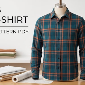 May include: A long-sleeve button-up shirt with a teal and orange plaid pattern displayed on a mannequin. The text reads MEN'S OVER-SHIRT SEWING PATTERN PDF and INSTANT DOWNLOAD. The shirt features a collar, buttoned cuffs, and a front button placket.