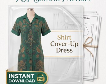 May include: A PDF sewing pattern for a shirt cover-up dress. The image displays a green dress with a dark floral pattern, short sleeves, and a button-down front. Text includes PDF SEWING PATTERN, Shirt Cover-Up Dress, INSTANT DOWNLOAD, and MULTI-SIZE: [S, M, L, XL].