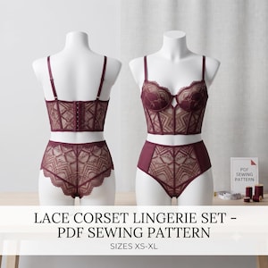 May include: A burgundy lace corset lingerie set featuring a structured bustier with adjustable straps and matching high-waisted briefs. The set displays a geometric lace pattern and includes a sign labeled PDF SEWING PATTERN for sizes XS-XL.