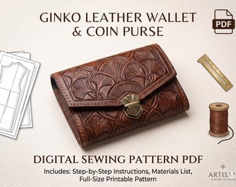 May include: A brown leather wallet and coin purse featuring an embossed ginkgo leaf pattern and a brass-toned metal clasp. The image includes a digital PDF sewing pattern, a small metal ruler, and a spool of brown thread for leather crafting.