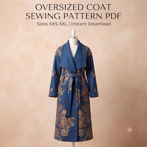 May include: An oversized coat sewing pattern PDF with sizes XXS-5XL and instant download. The coat is blue with a floral pattern in shades of orange and yellow, featuring a wide collar, long sleeves, a tie belt at the waist, and two pockets.