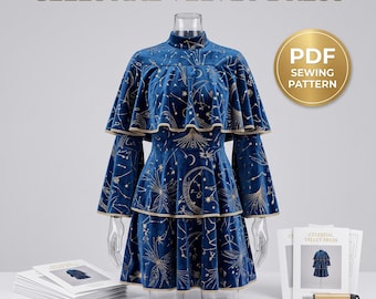 Puede incluir: Un vestido de terciopelo azul con un estampado celestial dorado de lunas y estrellas. El vestido tiene cuello alto, cuerpo con volantes escalonados y mangas largas acampanadas. Texto: CELESTIAL VELVET DRESS, PDF SEWING PATTERN y tallas US 2-18.