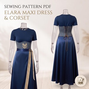 Puede incluir: SEWING PATTERN PDF ELARA MAXI DRESS & CORSET. Un vestido largo azul marino de manga corta con un corsé gris que presenta un emblema de fénix dorado. El vestido incluye una faja beige con patrón griego y un corsé trasero con cordones marrones.