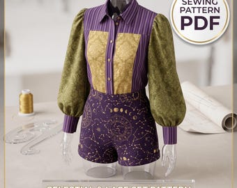 May include: A sewing pattern PDF for a shirt and shorts set. The shirt features a purple striped collar and sleeves, with gold damask panels. The purple shorts display a gold celestial print. Text reads: SEWING PATTERN PDF and CELESTIAL & LACE SET PATTERN INCLUDES SHIRT & SHORTS.