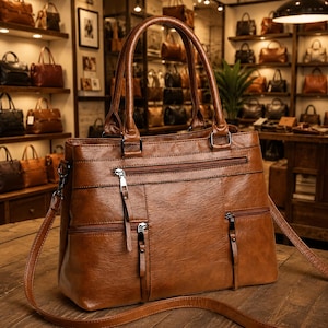 May include: A medium-sized brown handbag with two top handles and a detachable shoulder strap. The bag features a horizontal zipped pocket across the top and two vertical zipped pockets on the front, all with silver-toned metal hardware.