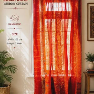 May include: A sheer red window curtain with orange and dark accents, featuring a tab-top design. The text on the image reads: SHEER BOHO WINDOW CURTAIN, HANDMADE, SIZE, Width: 105 cm, Length: 210 cm. The curtain hangs from a rod over a window.