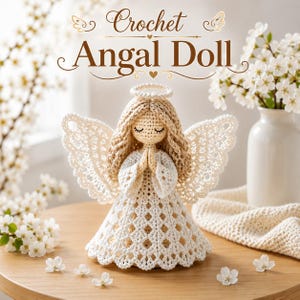Può includere: Una bambola angelo all'uncinetto con capelli in filato biondo, un'aureola bianca e ali bianche simili a pizzo. La bambola indossa un abito bianco con una gonna a motivo romboidale e ha le mani giunte in preghiera. Il testo Crochet Angal Doll.