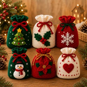May include: Six small, round, crocheted drawstring bags featuring holiday designs. The bags are colored in red, green, and cream, with appliqués including a Christmas tree, holly berries, a snowflake, a snowman, a poinsettia, and a heart.